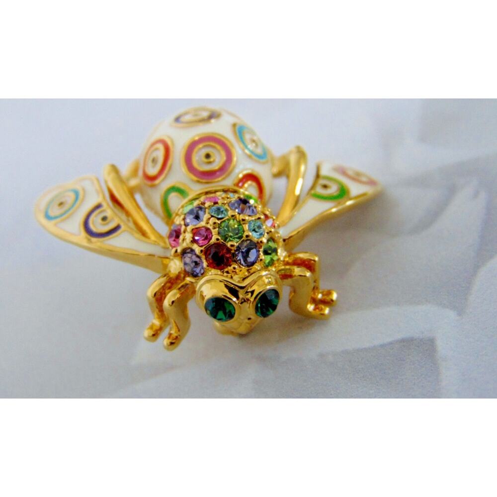 Joan Rivers Crystal Evil Eye Bee Pin Brooch Enameled Gold Targets Rhinestone - Picture 3 of 5
